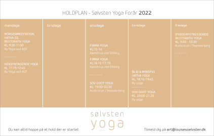 Holdplan, Hensyntagende yoga, Hatha yoga, Restorativ yoga, Meditation, Mindfulness